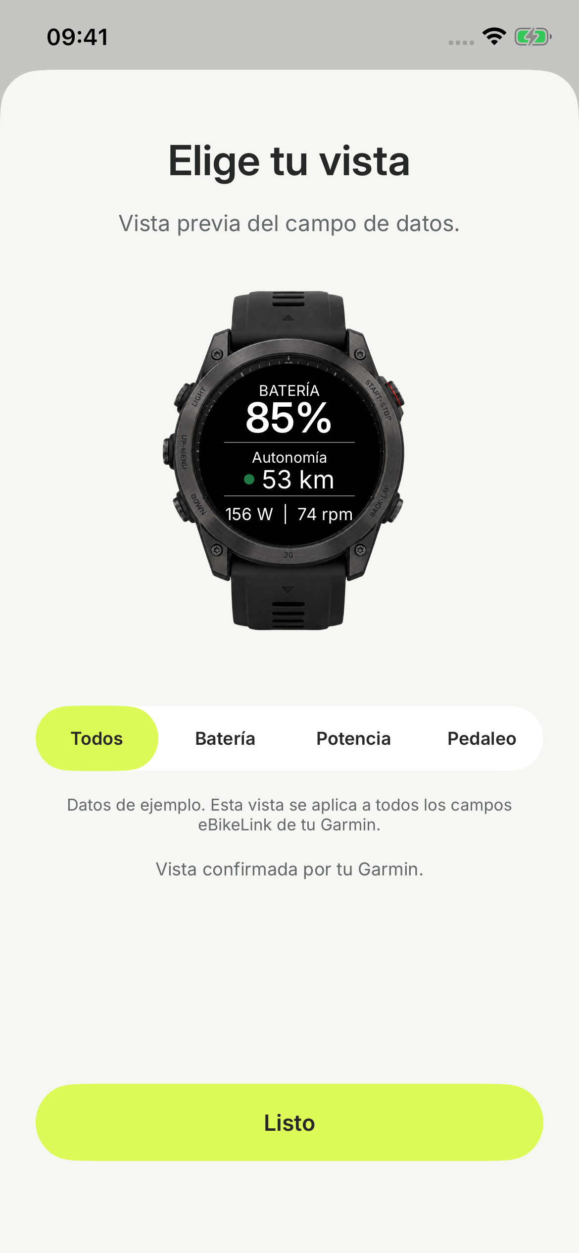 Selector de datos del campo eBikeLink: batería, autonomía, potencia y cadencia