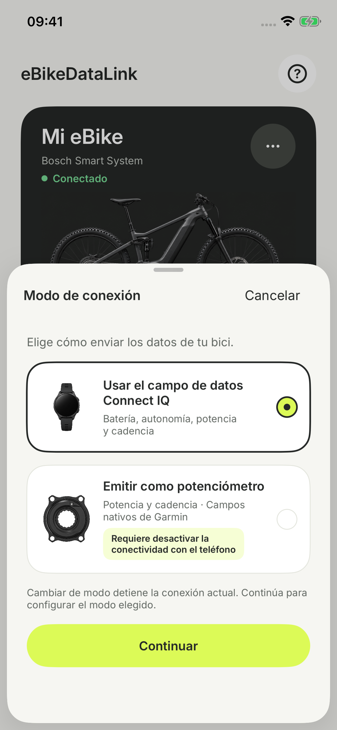 Selector de modo de conexión en eBikeDataLink