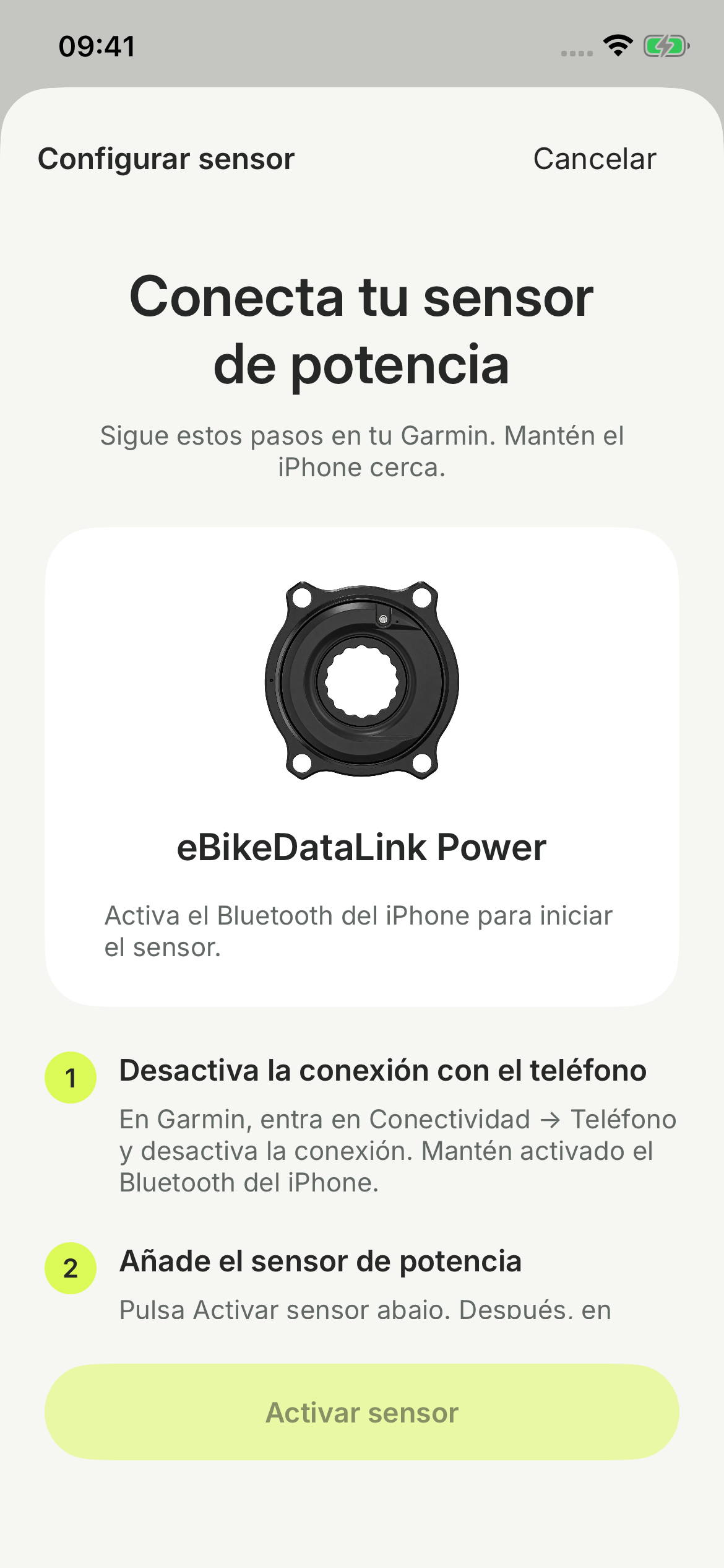 Pantalla de la app que explica cómo conectar Garmin al sensor de potencia
